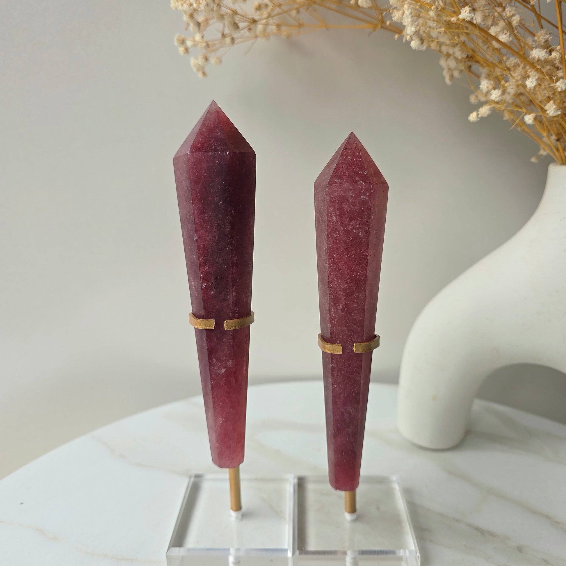 Strawberry Quartz Crystal Wand Point in Stand - Crystals and Me | Crystal Candles and Ethically Sourced Crystals