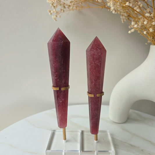 Strawberry Quartz Crystal Wand Point in Stand - Crystals and Me | Crystal Candles and Ethically Sourced Crystals