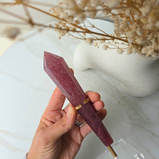 Strawberry Quartz Crystal Wand Point in Stand - Crystals and Me | Crystal Candles and Ethically Sourced Crystals