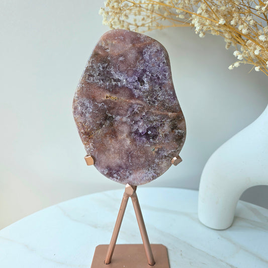 Pink Amethyst Crystal Slab Slice High Quality on Stand Brazil