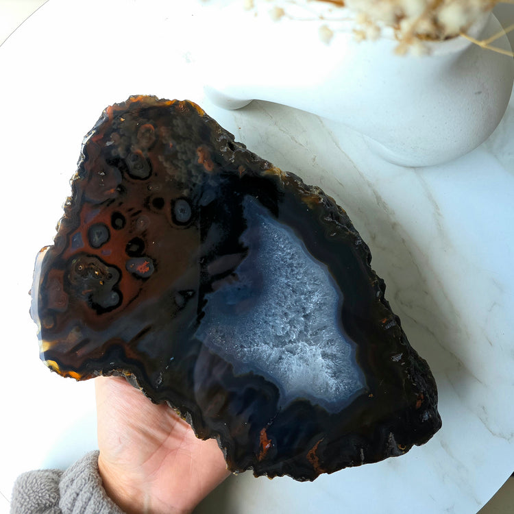 Black and Red Agate Crystal Slab on Stand