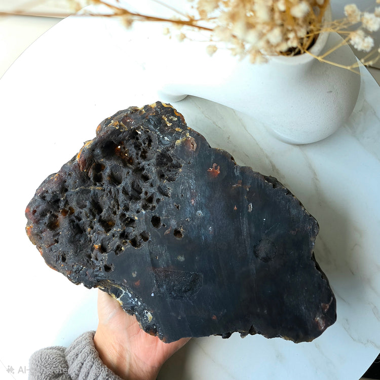 Black and Red Agate Crystal Slab on Stand