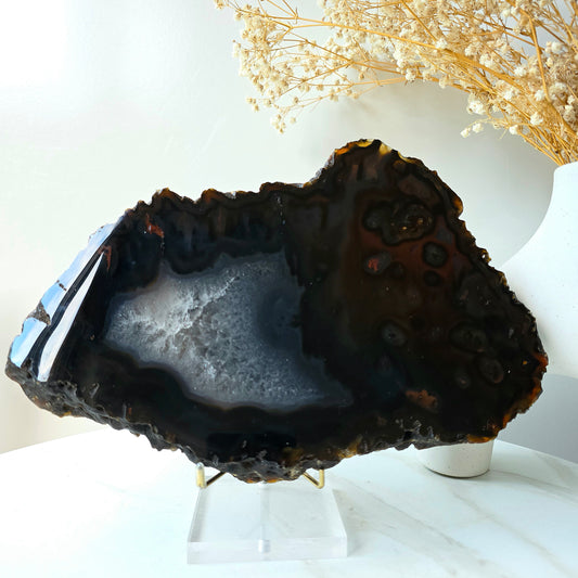 Black and Red Agate Crystal Slab on Stand