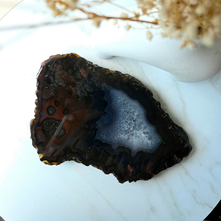 Black and Red Agate Crystal Slab on Stand