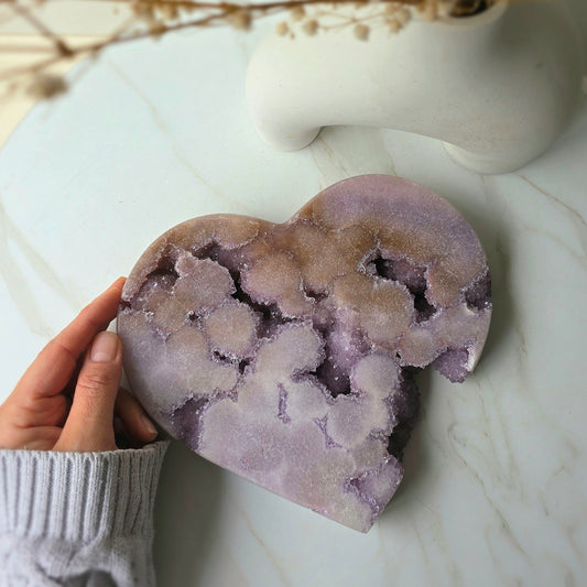 Lavender Pink Amethyst Crystal Heart with Druzy Cluster High Quality on Stand Brazil XL