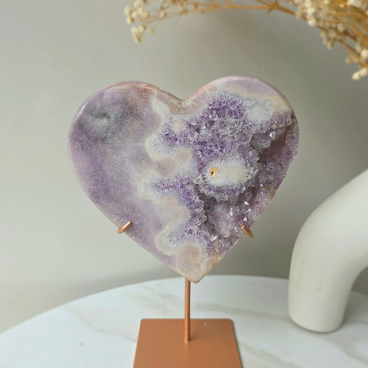 Lavender Pink Amethyst Crystal Heart with Cluster High Quality on Stand Brazil