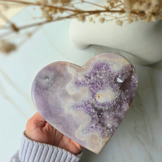 Lavender Pink Amethyst Crystal Heart with Cluster High Quality on Stand Brazil
