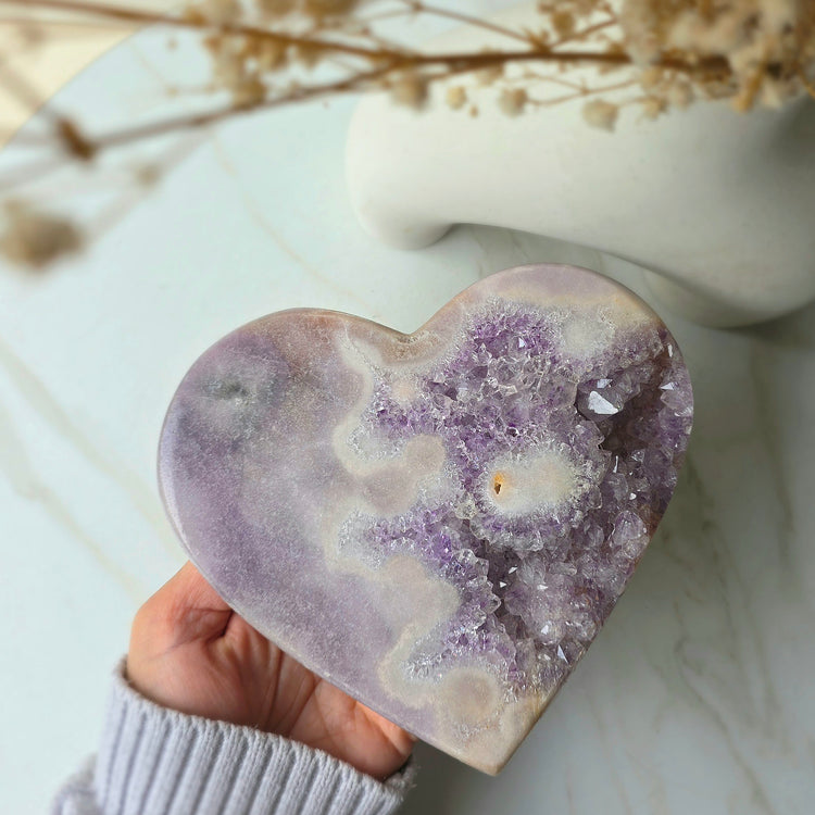 Lavender Pink Amethyst Crystal Heart with Cluster High Quality on Stand Brazil