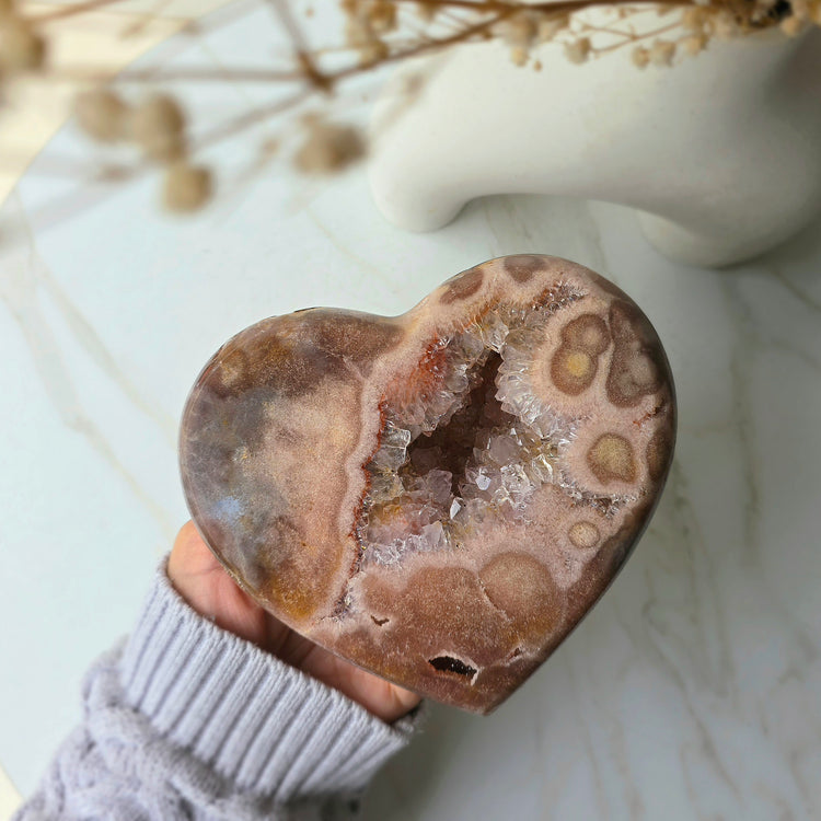 Pink Amethyst Crystal Heart with Druzy Cluster High Quality on Stand Brazil