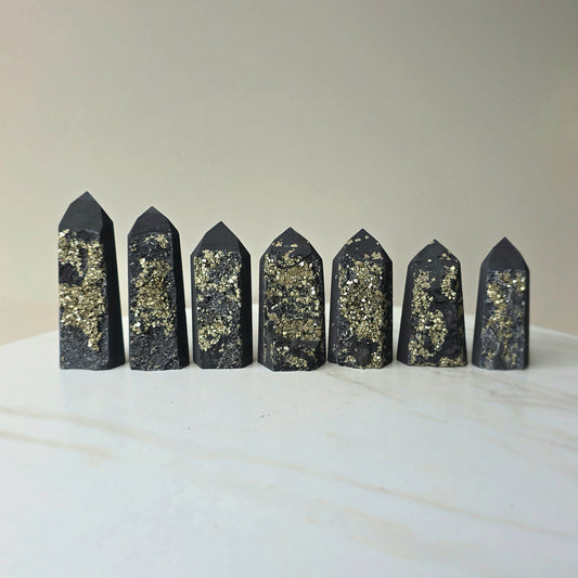 Shungite with Pyrite Crystal Point Tower High Quality Brazil