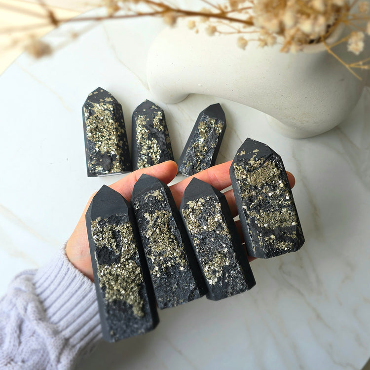 Shungite with Pyrite Crystal Point Tower High Quality Brazil