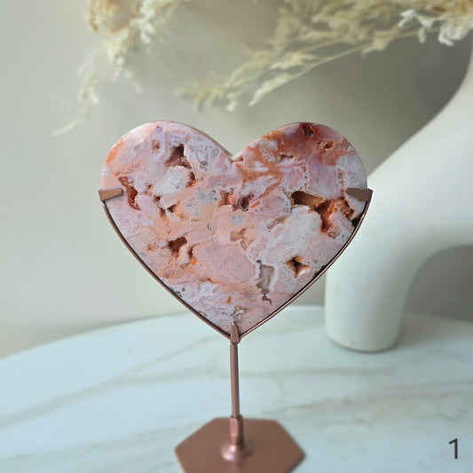 Rare Pink Carnelian Crystal Heart on Stand High Quality Indonesia