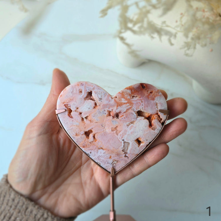 Rare Pink Carnelian Crystal Heart on Stand High Quality Indonesia