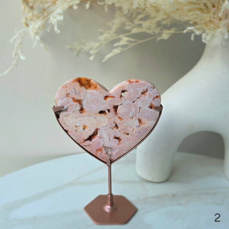 Rare Pink Carnelian Crystal Heart on Stand High Quality Indonesia