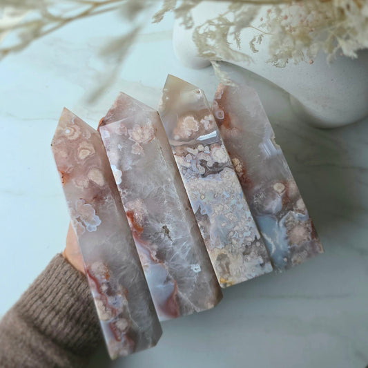 Rare Pink Amethyst Crystal with Flower Agate Obelisk Tower Point Generator