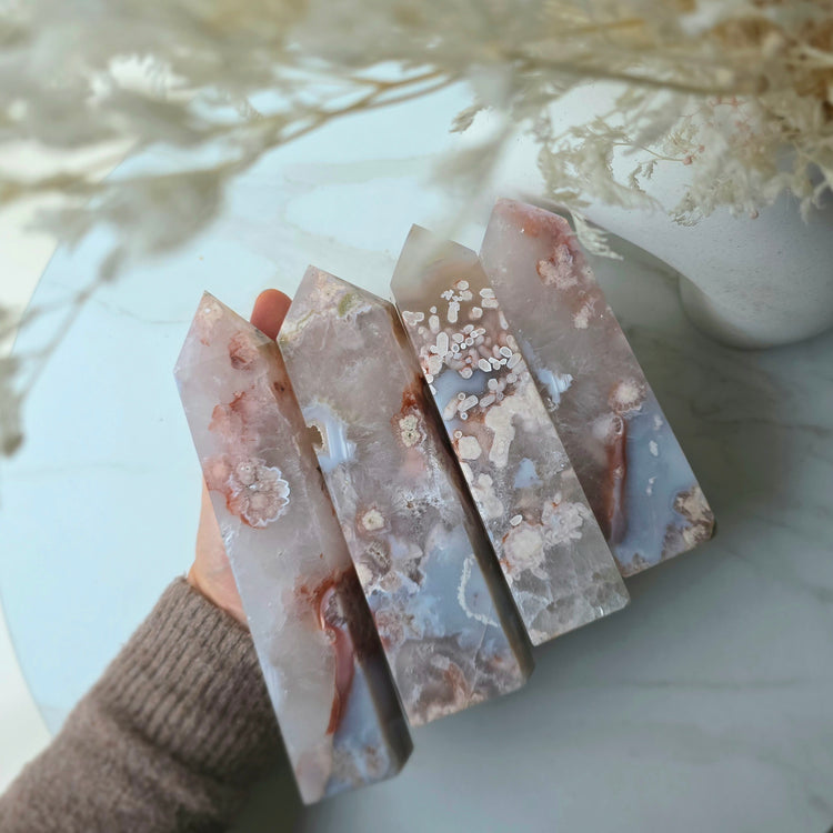 Rare Pink Amethyst Crystal with Flower Agate Obelisk Tower Point Generator