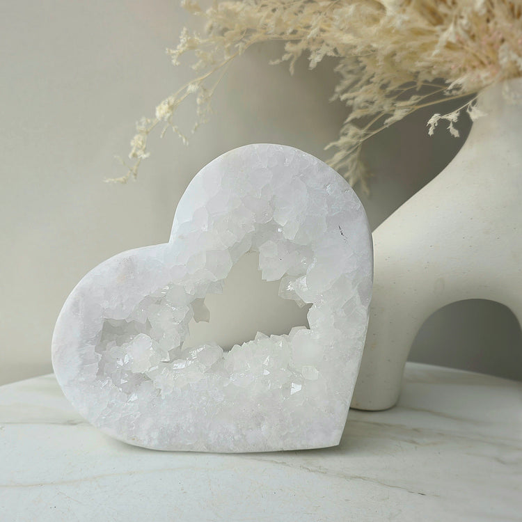 White Agate Crystal Heart with Cluster Druzy XL on Stand Brazil High Quality