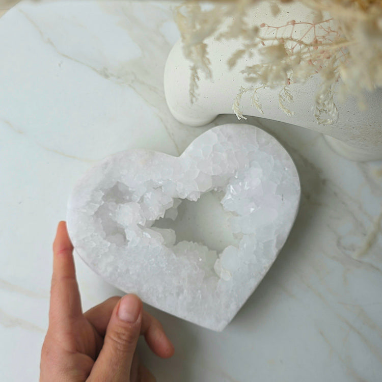 White Agate Crystal Heart with Cluster Druzy XL on Stand Brazil High Quality