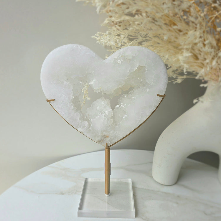 White Agate Crystal Heart with Cluster Druzy on Stand Brazil High Quality