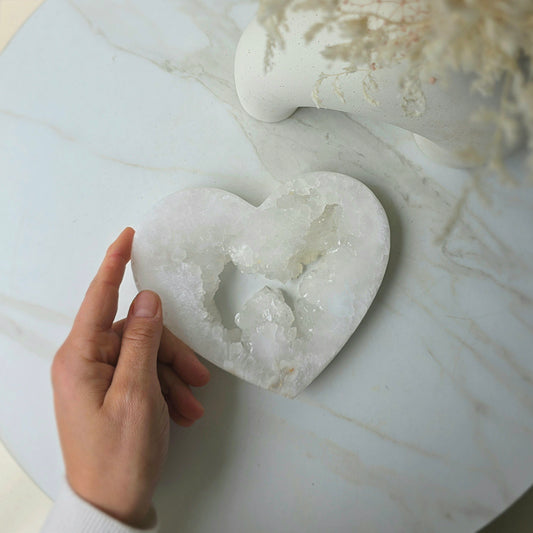 White Agate Crystal Heart with Cluster Druzy on Stand Brazil High Quality