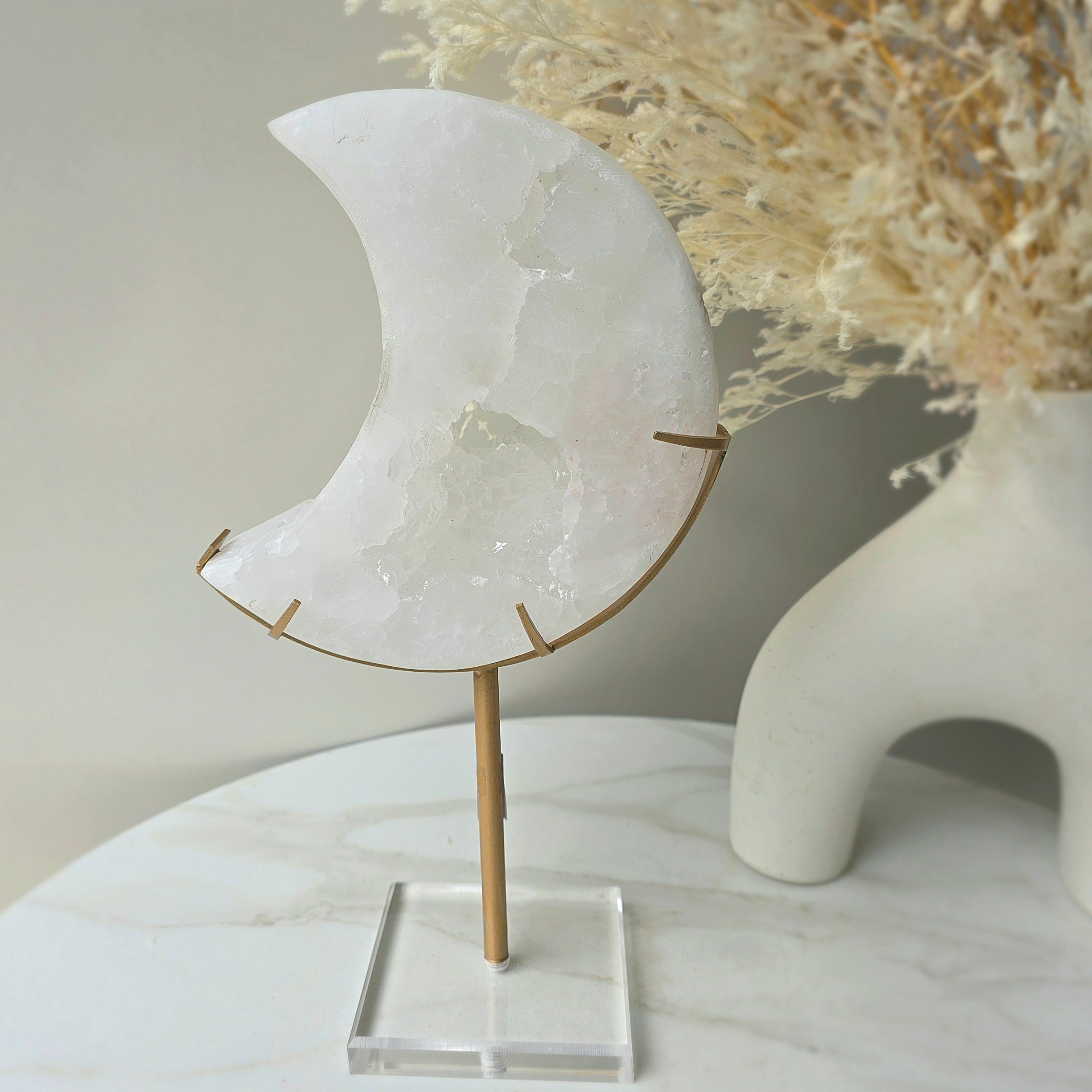 White Agate Crystal Moon with Cluster Druzy XL on Stand Brazil