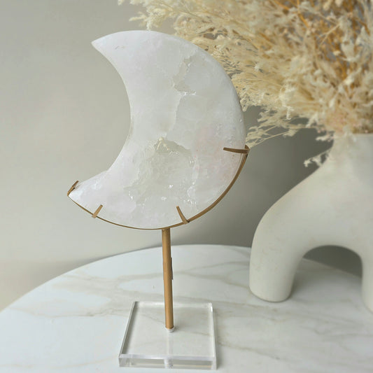 White Agate Crystal Moon with Cluster Druzy XL on Stand Brazil