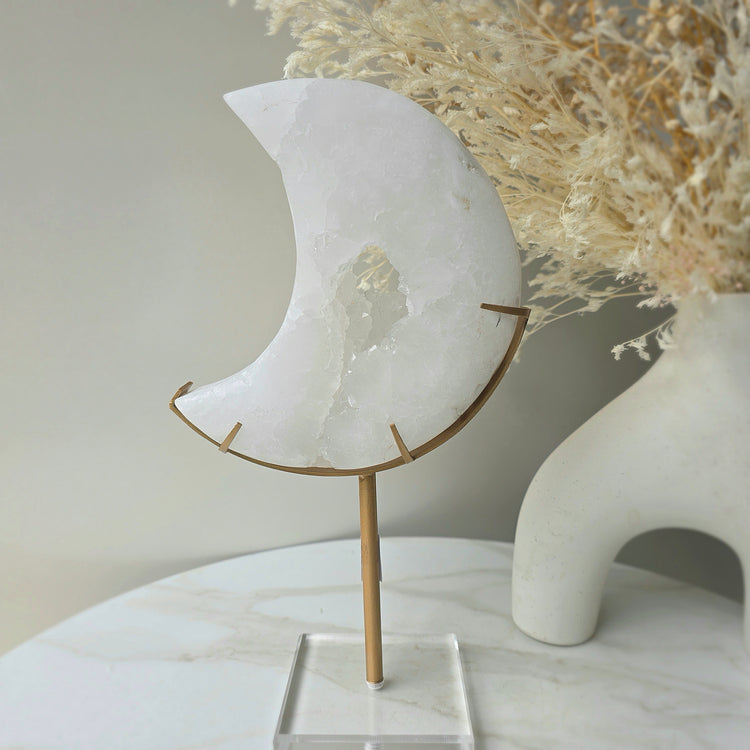 White Agate Crystal Moon with Cluster Druzy XL on Stand Brazil