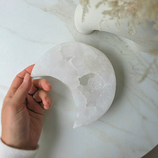 White Agate Crystal Moon with Cluster Druzy XL on Stand Brazil