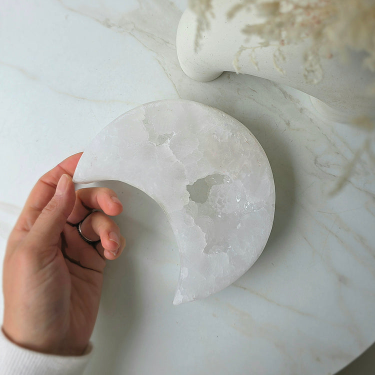White Agate Crystal Moon with Cluster Druzy XL on Stand Brazil
