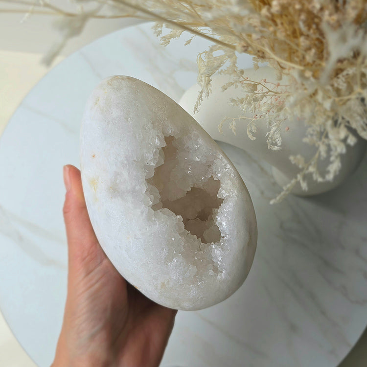White Agate Crystal Egg with Cluster Druzy XL on Stand Brazil High Quality