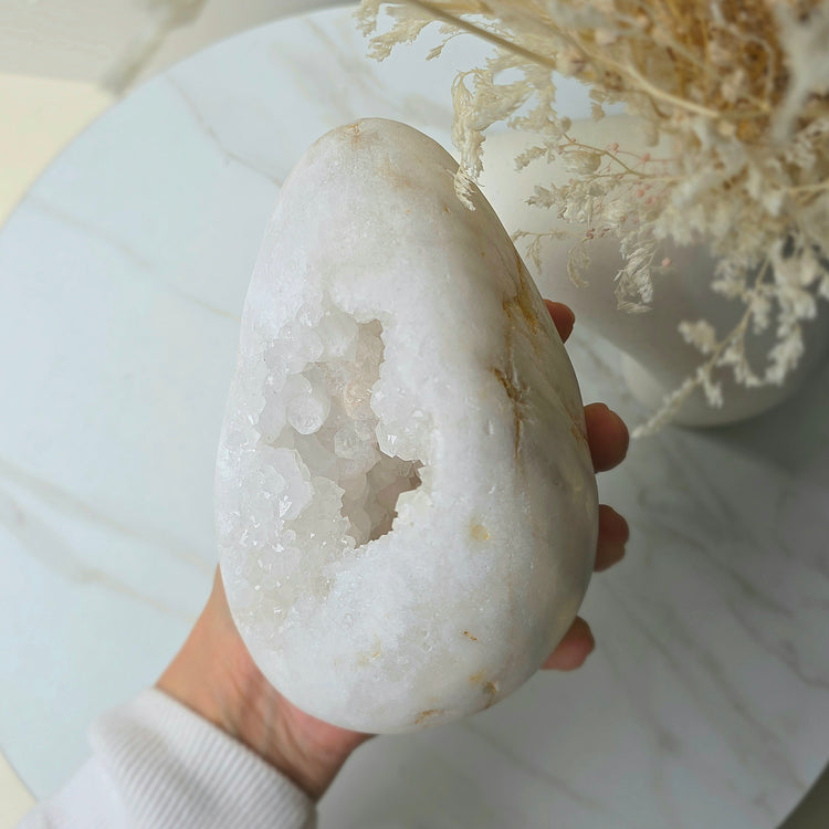 White Agate Crystal Egg with Cluster Druzy XL on Stand Brazil High Quality