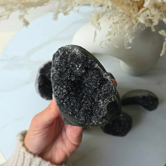 Rare Black Galaxy Amethyst Crystal Cluster on Stand Brazil
