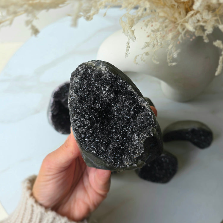 Rare Black Galaxy Amethyst Crystal Cluster on Stand Brazil