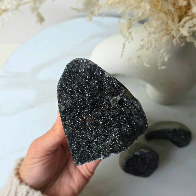 Rare Black Galaxy Amethyst Crystal Cluster on Stand Brazil