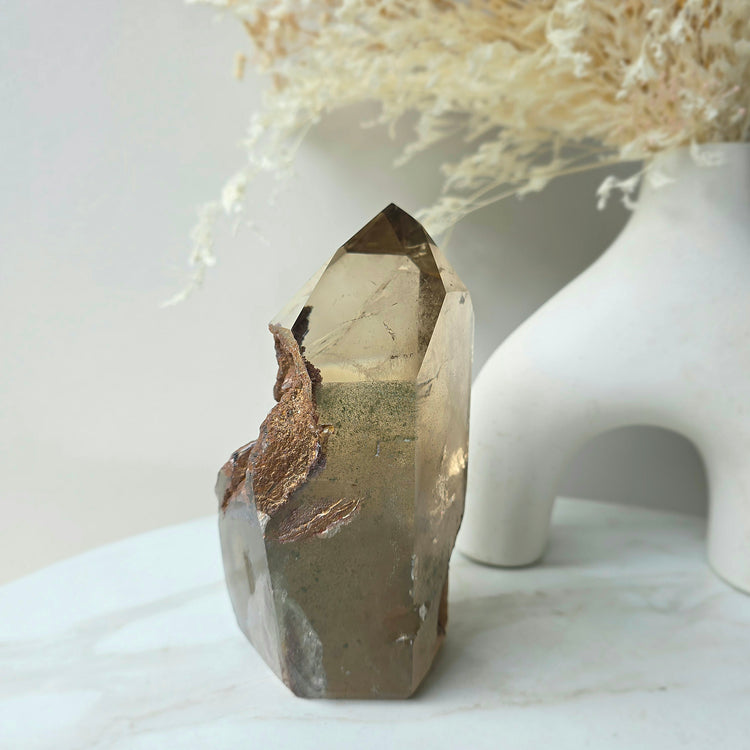Smokey Quartz Crystal Tower Point Obelisk with lodolite Garden Quartz Inclusion