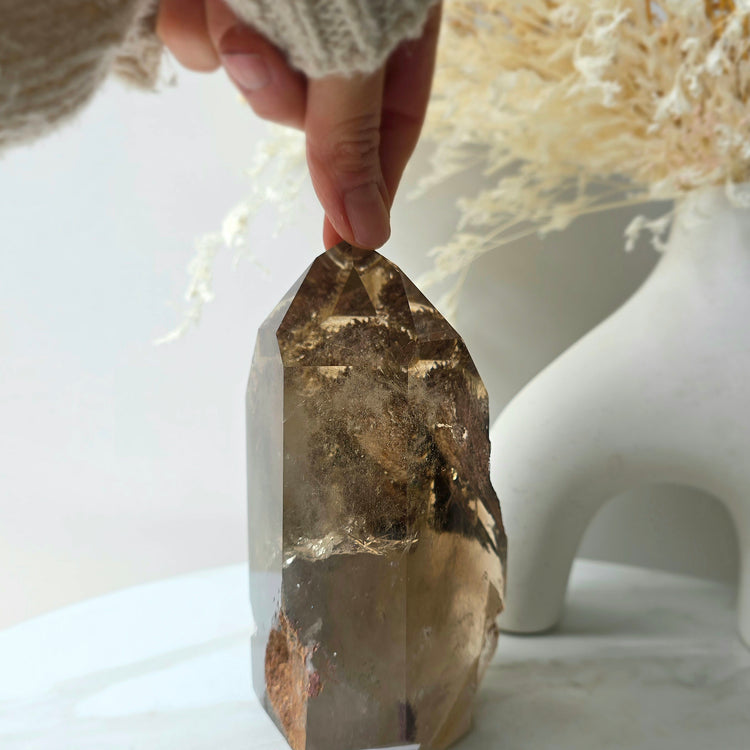 Smokey Quartz Crystal Tower Point Obelisk with lodolite Garden Quartz Inclusion