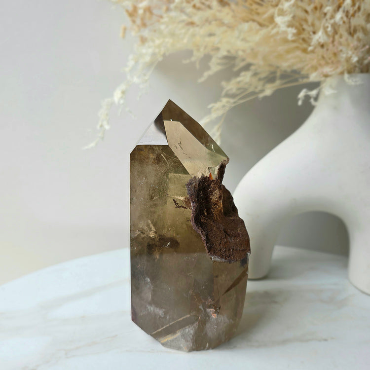 Smokey Quartz Crystal Tower Point Obelisk with lodolite Garden Quartz Inclusion