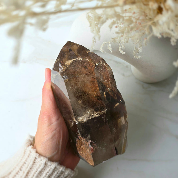 Smokey Quartz Crystal Tower Point Obelisk with lodolite Garden Quartz Inclusion