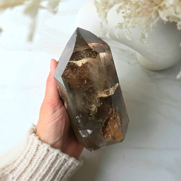 Smokey Quartz Crystal Tower Point Obelisk with lodolite Garden Quartz Inclusion