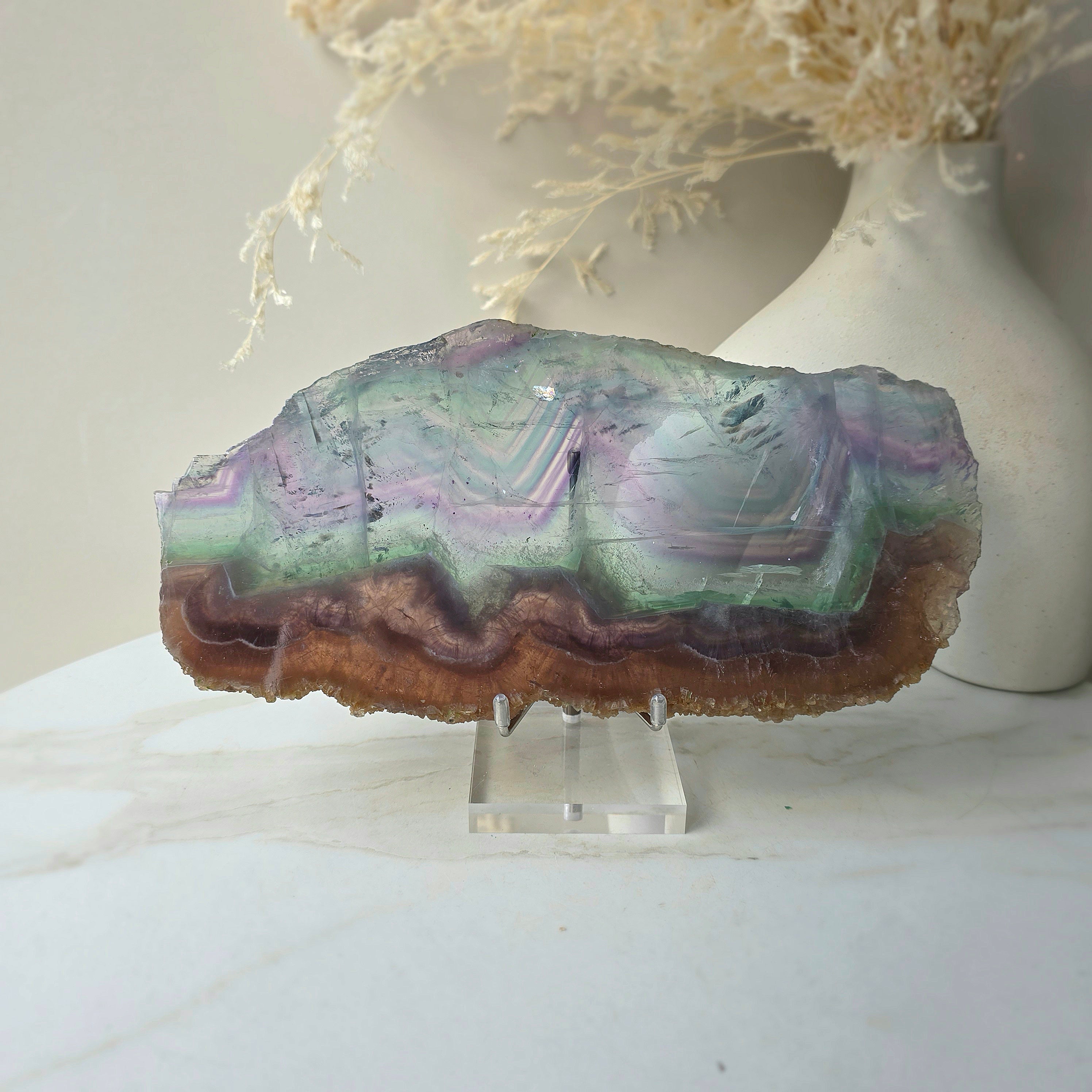 Rainbow Fluorite Crystal Slab Slice on Stand High Quality China