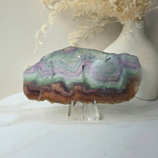 Rainbow Fluorite Crystal Slab Slice on Stand High Quality China
