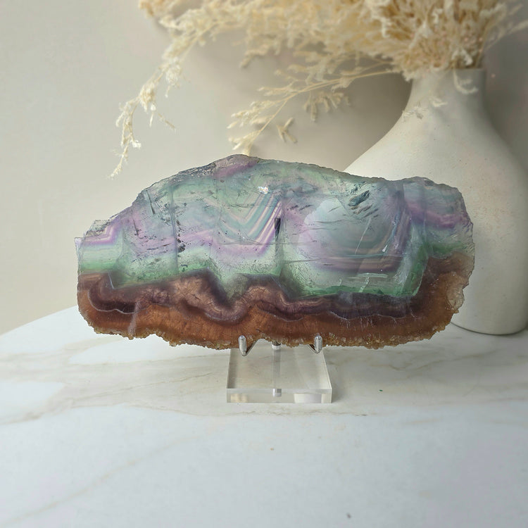 Rainbow Fluorite Crystal Slab Slice on Stand High Quality China