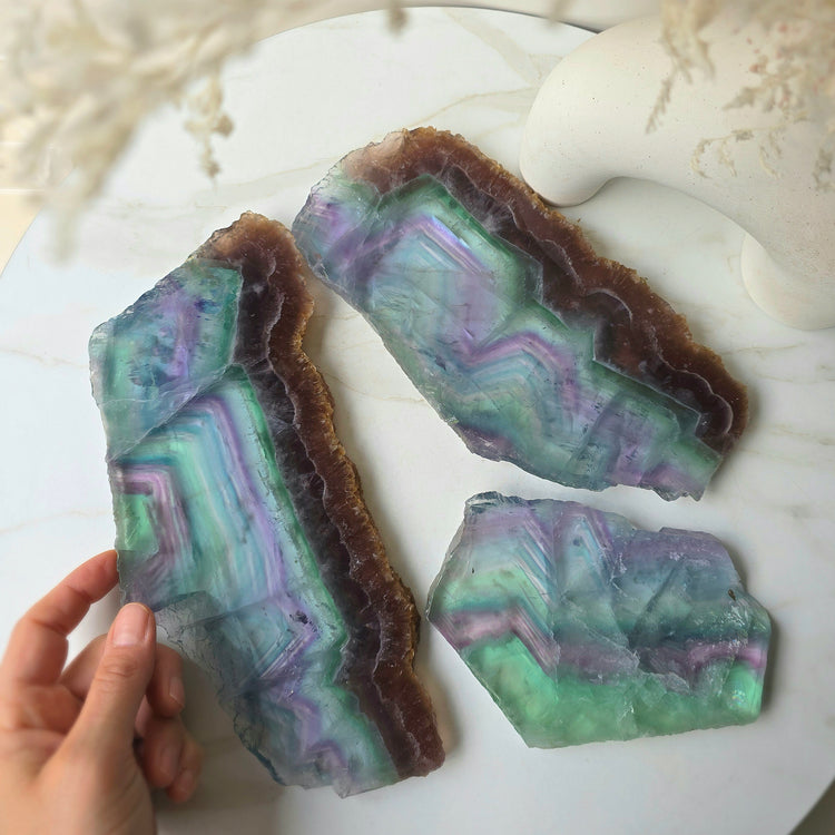 Rainbow Fluorite Crystal Slab Slice on Stand High Quality China