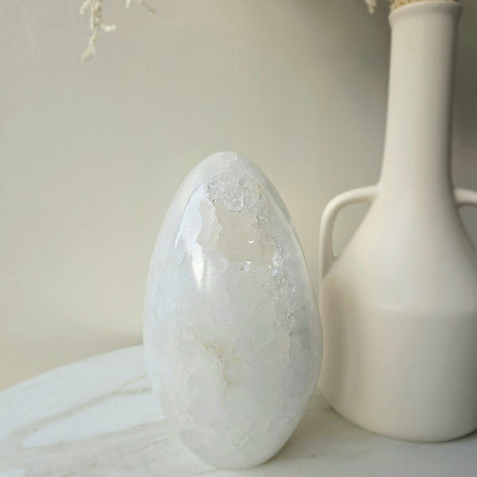 White Agate Polished Crystal Egg with Cluster Druzy 3kg XL Brazil High Quality Statement