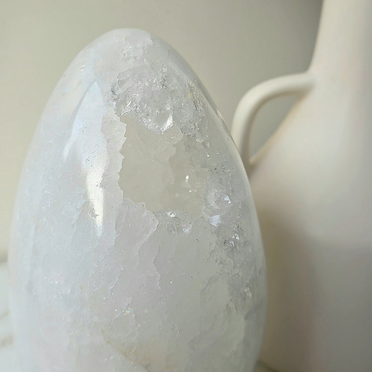 White Agate Polished Crystal Egg with Cluster Druzy 3kg XL Brazil High Quality Statement