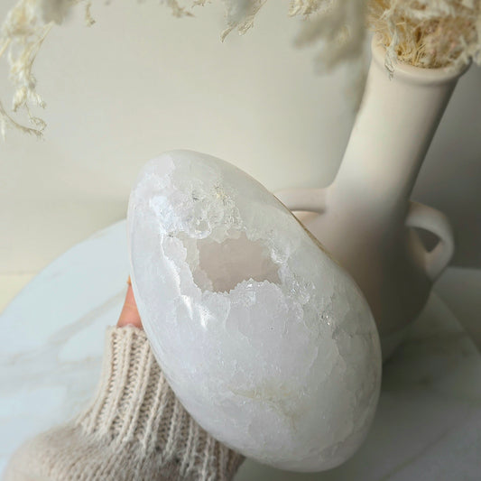 White Agate Polished Crystal Egg with Cluster Druzy 3kg XL Brazil High Quality Statement