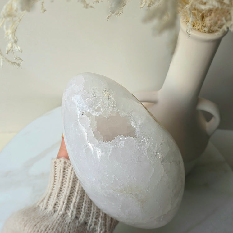White Agate Polished Crystal Egg with Cluster Druzy 3kg XL Brazil High Quality Statement