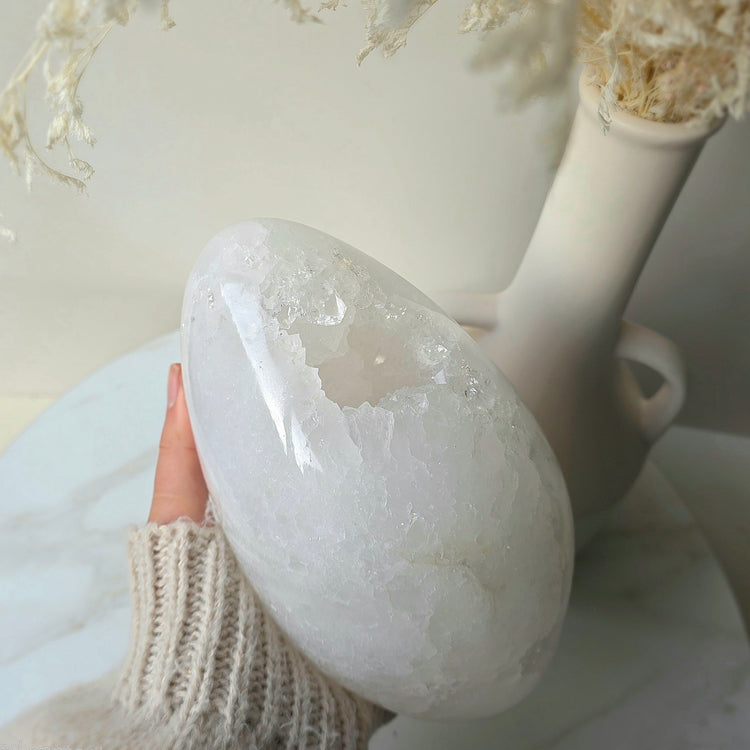 White Agate Polished Crystal Egg with Cluster Druzy 3kg XL Brazil High Quality Statement