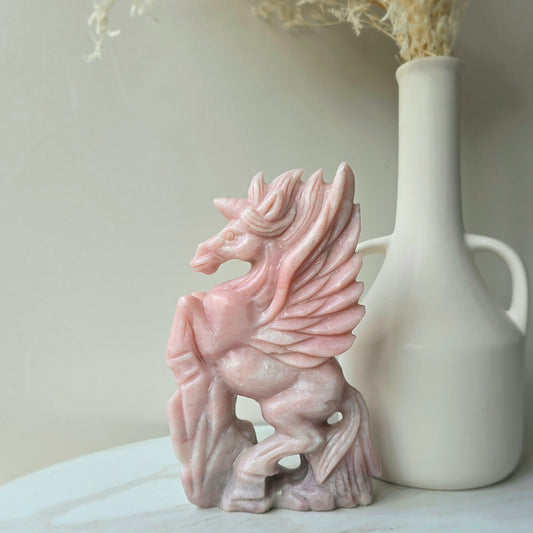 Pink Opal Crystal Unicorn Hand Carving High Quality Peru