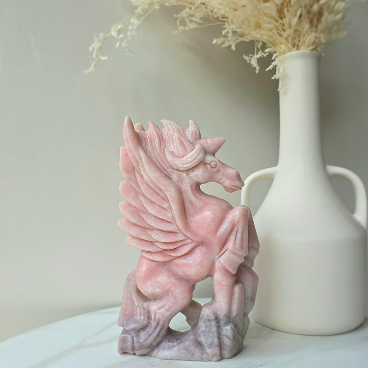 Pink Opal Crystal Unicorn Hand Carving High Quality Peru